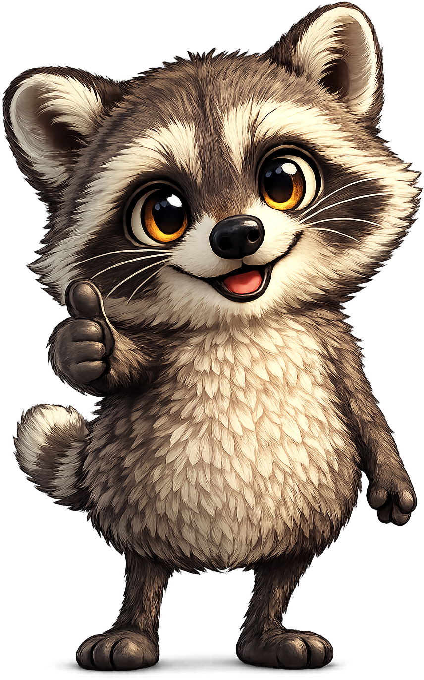 Illustrated Jimothy raccoon mascot giving a thumbs up